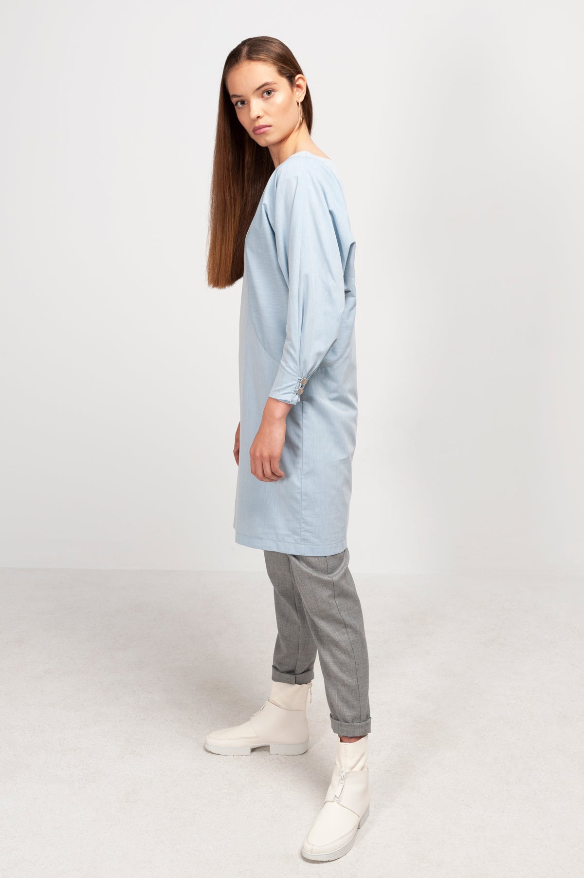 BATWING SLEEVE DRESS | cotton chambray pastel blue