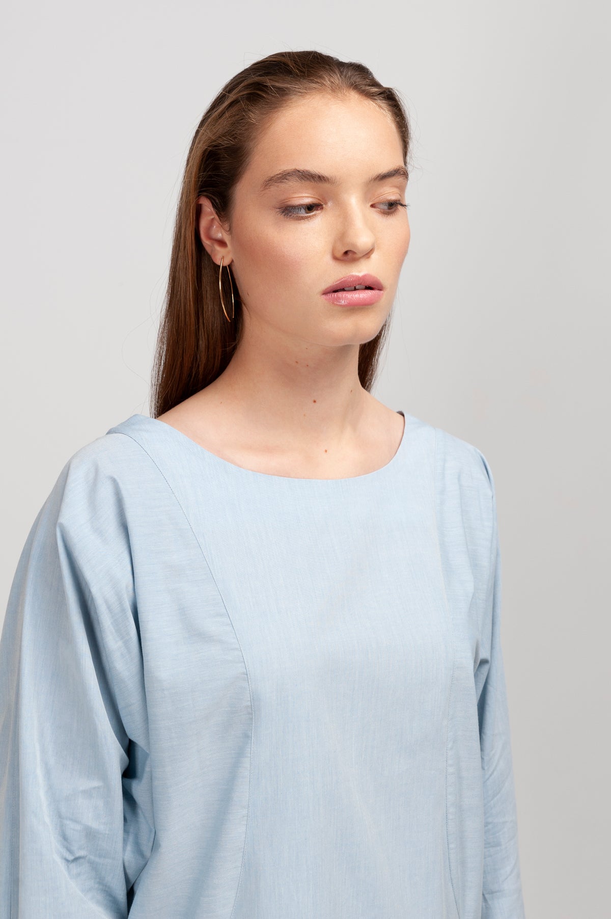 BATWING SLEEVE DRESS | cotton chambray pastel blue